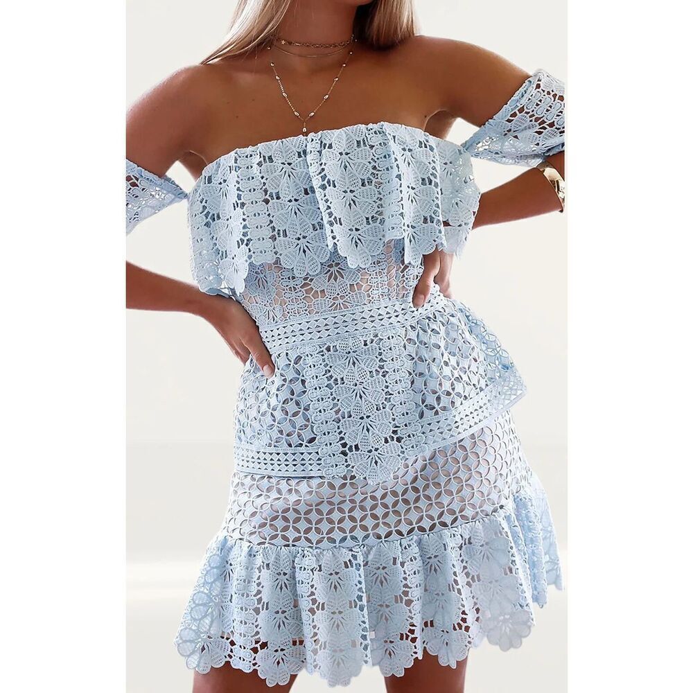 NWOT Runaway The Label Baby Blue Lace Strapless Off The Shoulder Tiered Dress XS